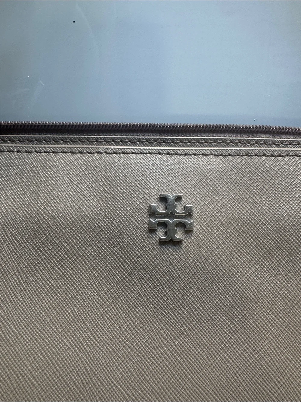 Tory Burch Beige Taupe Saffiano Leather Tote with Logo